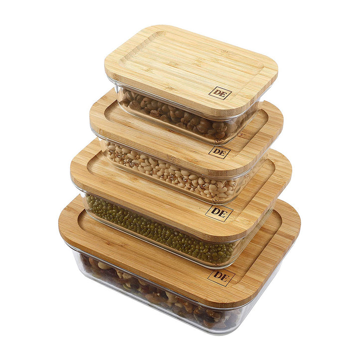 DE Plastic-Free Glass Food Storage Containers with Eco-Friendly Bamboo Wooden Lids, Set of 4