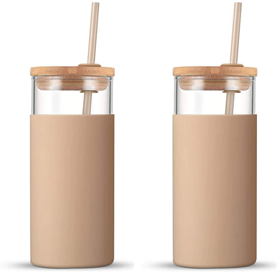 tronco 20oz Glass Tumbler Glass Water Bottle Straw Silicone Protective Sleeve Bamboo Lid - BPA Free (Amber/ 2-Pack)