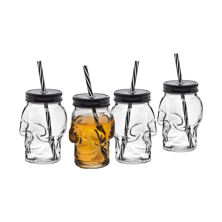 Skull Mason Jar Mug Glass Tumbler Cup with Cover and Straw - 16oz, Set of 4